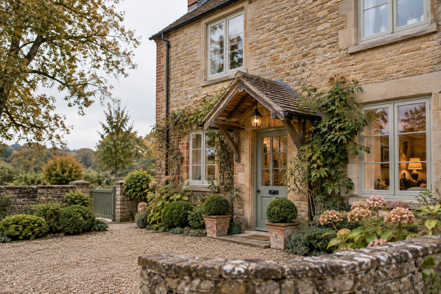 Entrance and garden of a small British country guesthouse