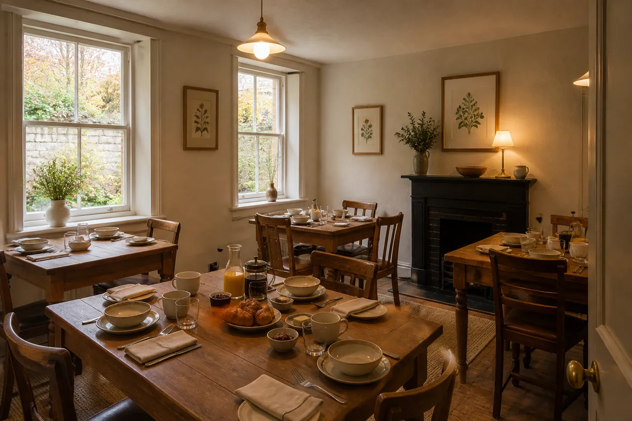 A warm breakfast room prepared for guests