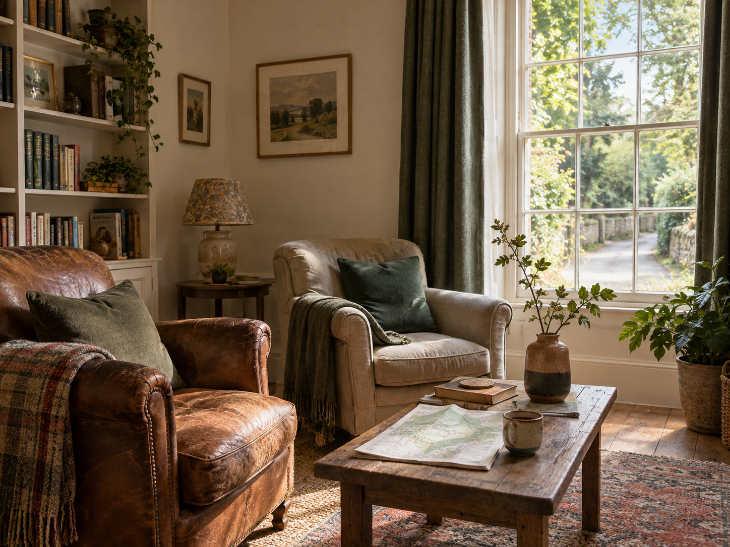 Quiet guesthouse lounge with chairs, books and a local walking map