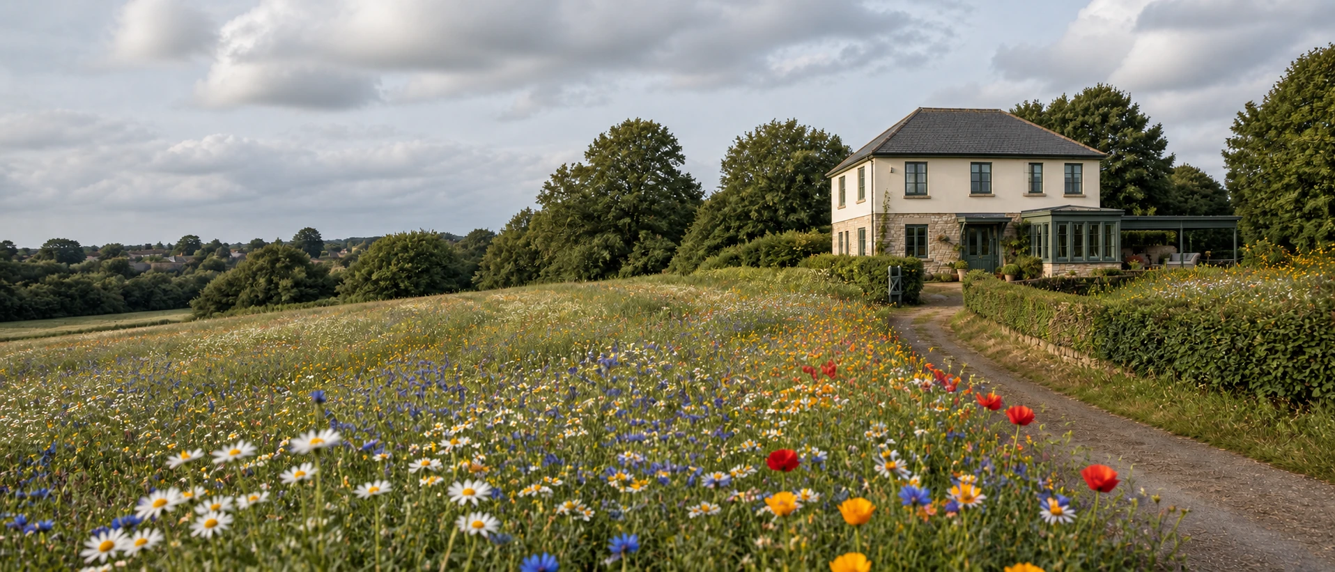 Fictional country house beside a meadow of flowers