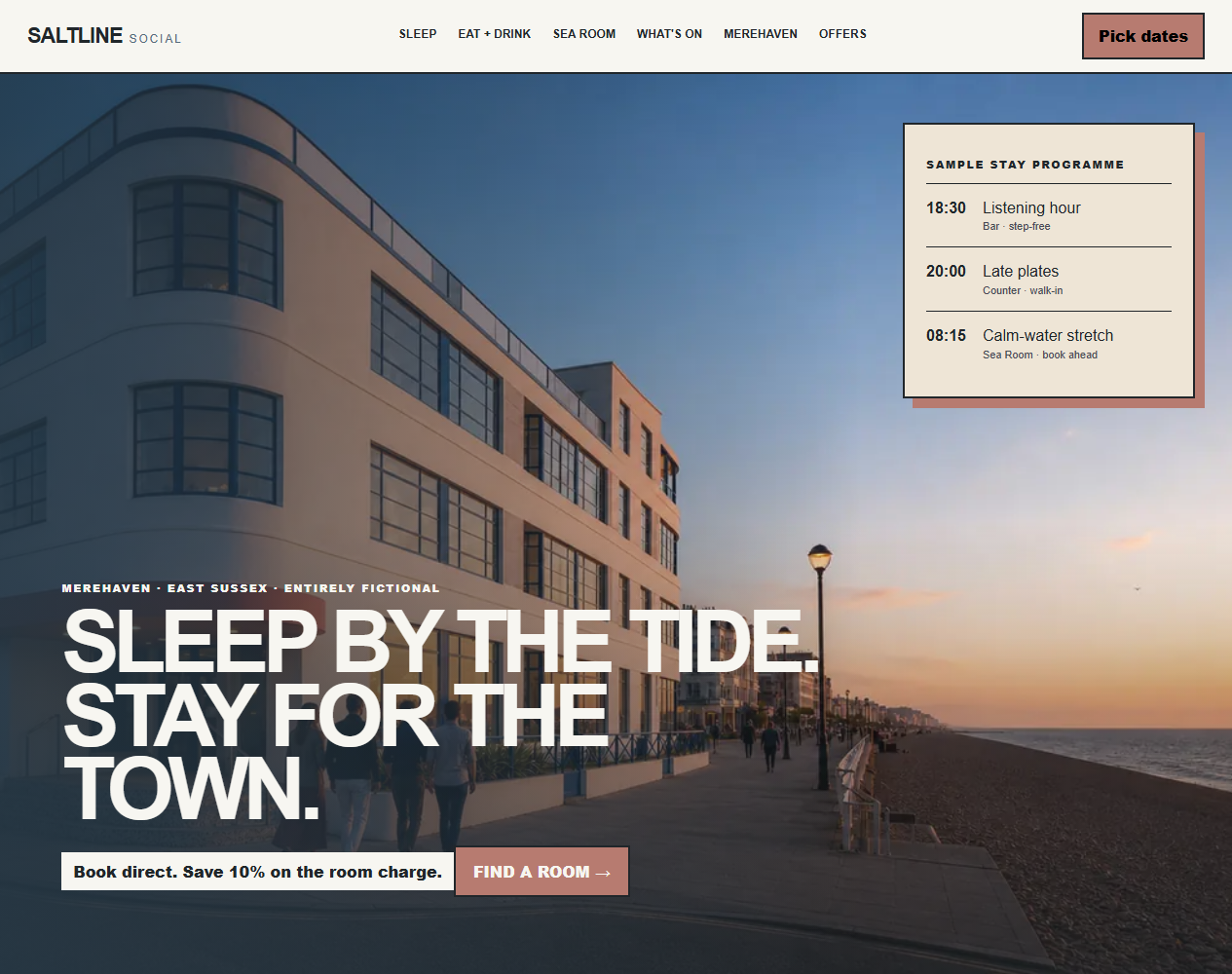 Website interface for the fictional Saltline Social concept